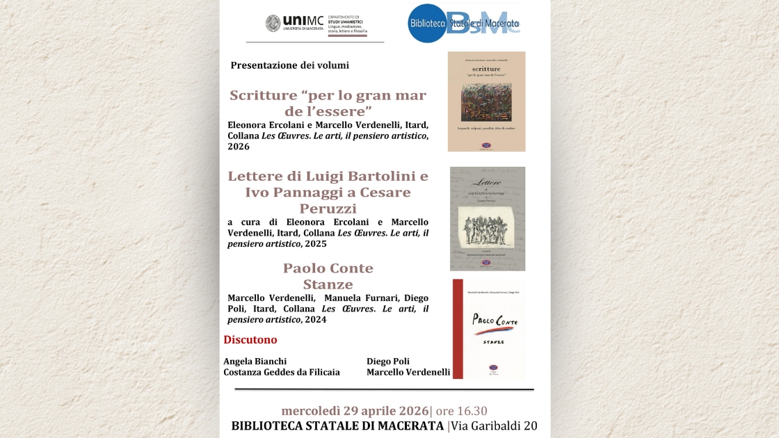 Presentazione dei volumi: Scritture “per lo gran mar de l’essere”; Lettere di Luigi Bartolini e Ivo Pannaggi a Cesare Peruzzi; Paolo Conte Stanze.